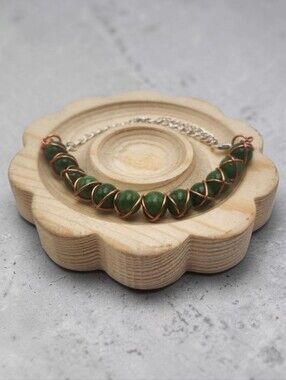 Handmade Wire-Wrapped Green Adjustable Beaded Bracelet | Elegant Artisan Jewelry